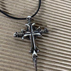 NEW 316L Stainless Steel Cross with Skull Pendant on a Black Cord Necklace